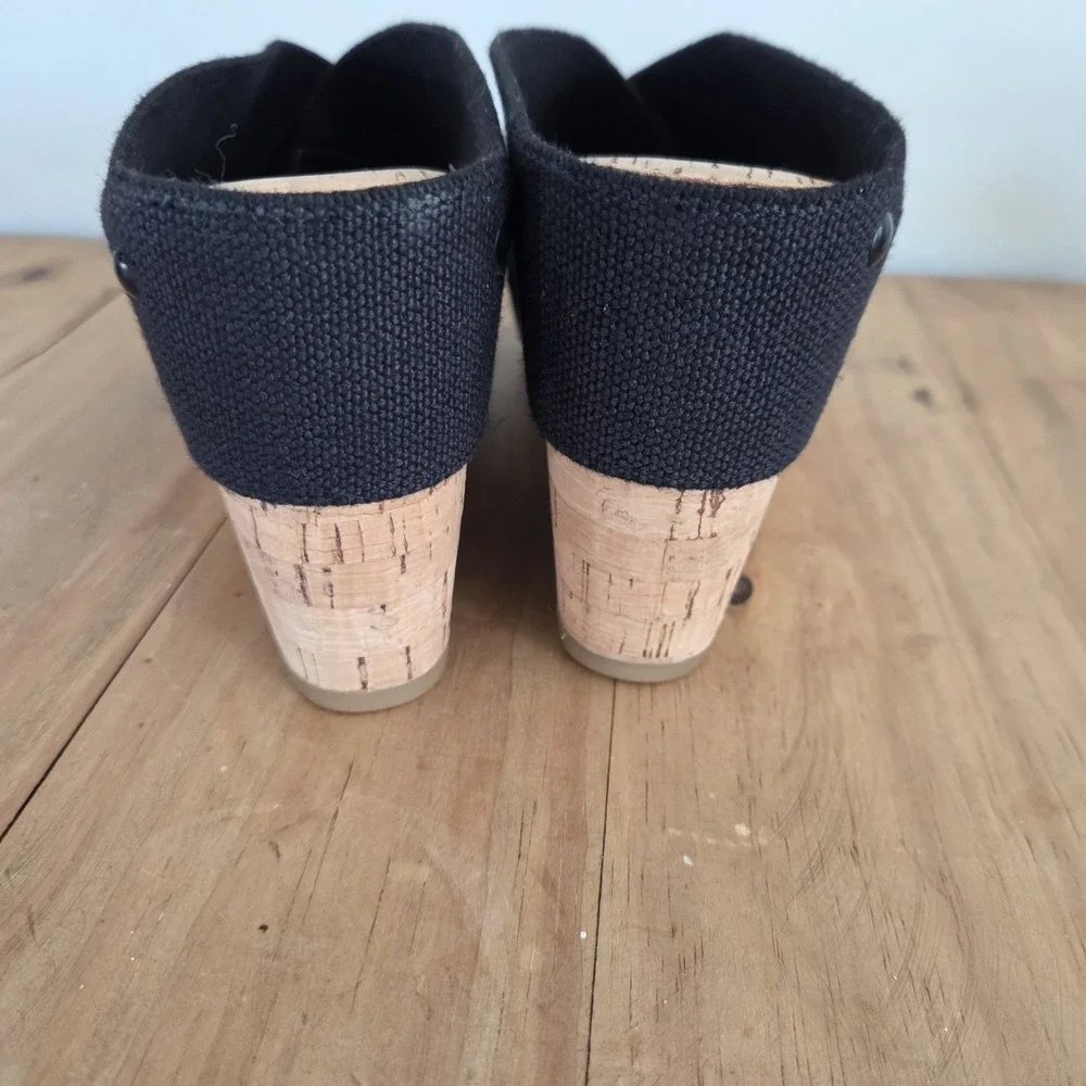 Lucky Brand Valmai Platform Wedge Cork Sandal Black Linen Thick Strap Sz‎ 8.5